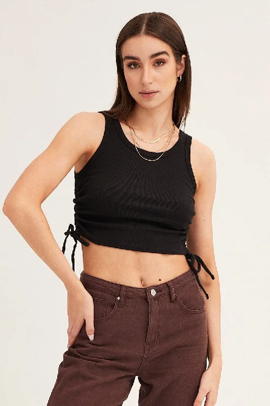 Black Drawstring Top Sleeveless Crew Neck Rib