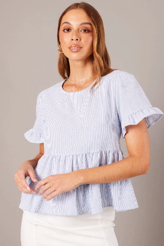 Blue Stripe Ruffle Top Short Sleeve