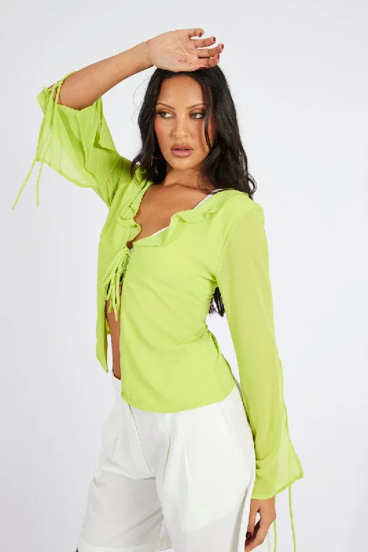 Green Frill Split Top Tie Front Long Sleeve