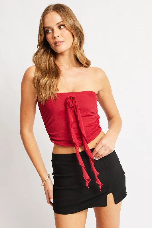 Red Bandeau Top Mesh Rosette