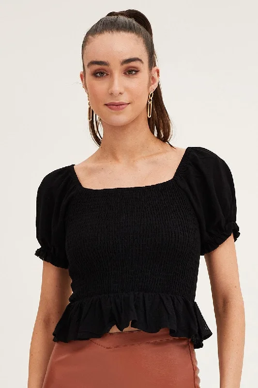 Black Puff Sleeve Shirred Top