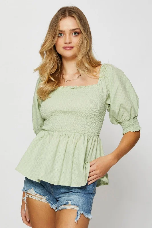 Green Peplum Top Short Sleeve Round Neck