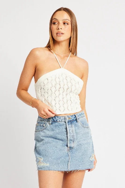 White Halter Neck Knit Top