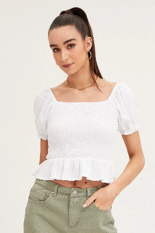 White Puff Sleeve Shirred Top