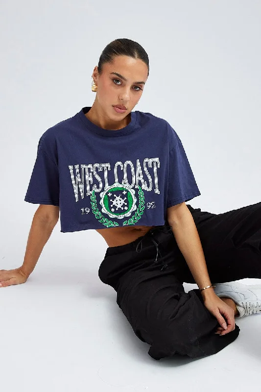 Blue Print Graphic Tee Crop Relaxed Varsity Slogan T-shirt