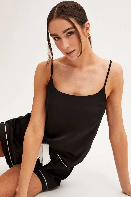 Black Pyjamas Set Scoop Neck Cami Top & Shorts Satin