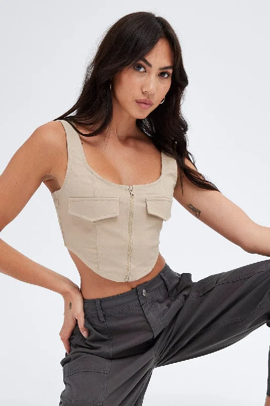 Beige Top Sleeveless with Zipper