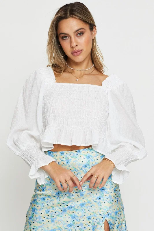 White Peasant Blouse Long Sleeve Crop