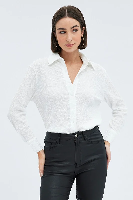 White Shirt Long Sleeve Collared Neck Textured