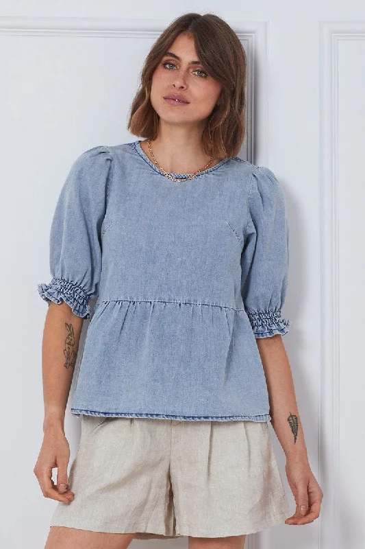 Blue Top Short Sleeve Relaxed Linen