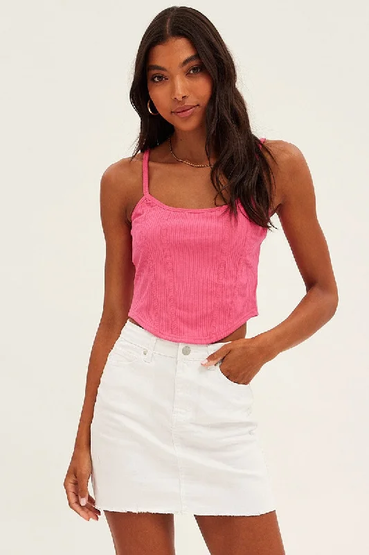 Pink Corset Singlet Sleeveless Scoop Neck Rib Jersey