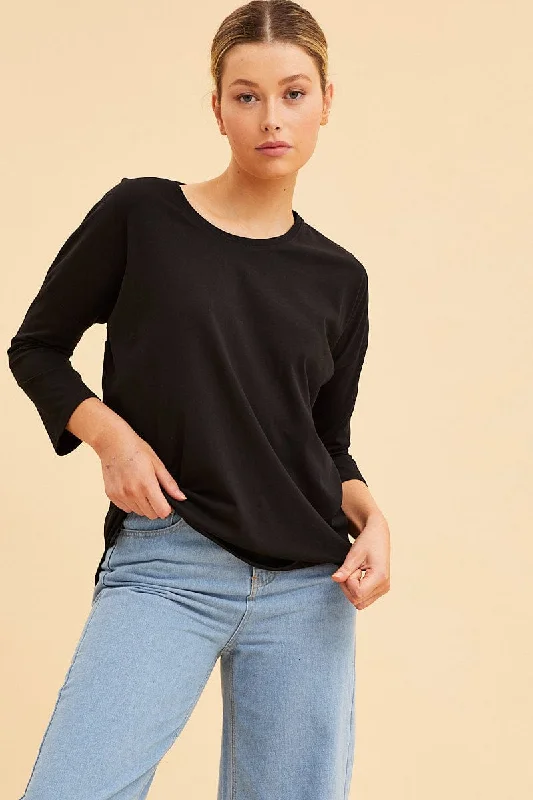 Black Cotton Top 3/4 Sleeve Drop Shoulder Relaxed Fit