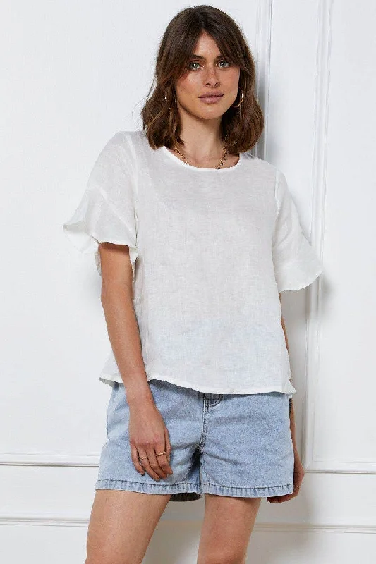 White Crop Top Short Sleeve Relaxed Linen