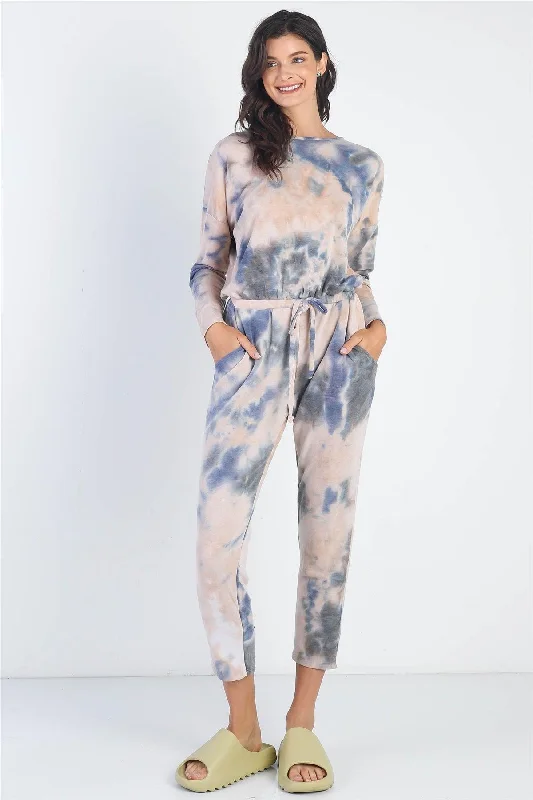 Tie-Dye Button Loop Round Neck Long Sleeve Jumpsuit