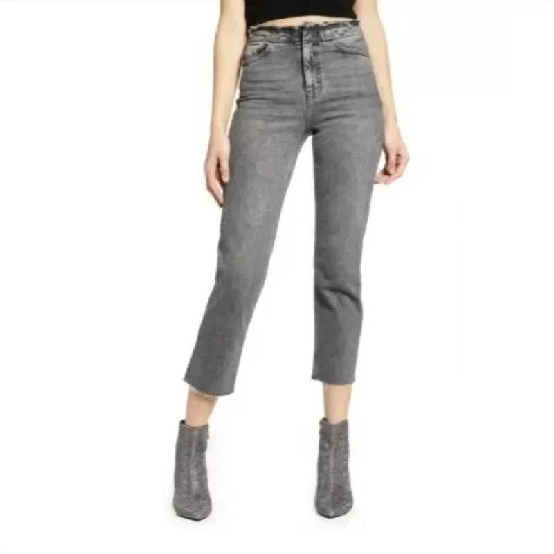 High Rise Raw Hem Cropped Straight Leg Jeans In Grey