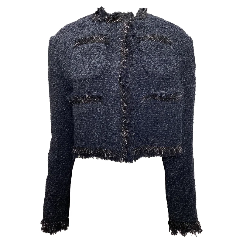 Sacai Four-Pocket Tweed Cropped Jacket in Navy Blue Nylon