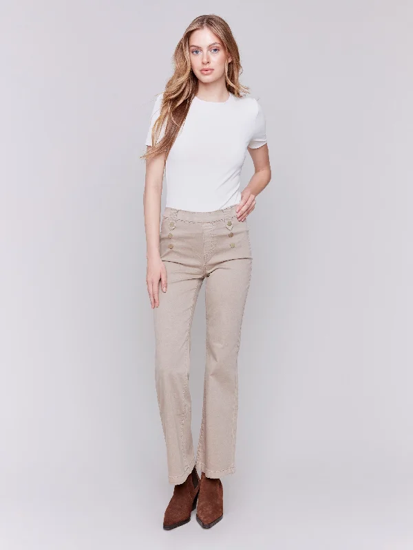 Pull-On Flare Twill Pants with Front Buttons - Almond