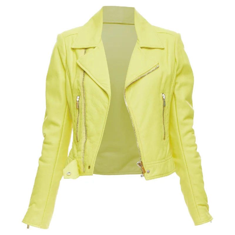 Balenciaga yellow lambskin leather crop biker jacket