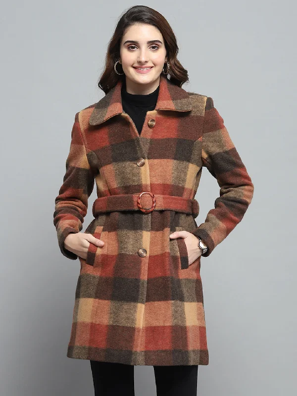 Women Rust Check Collar Full Sleeve Coat