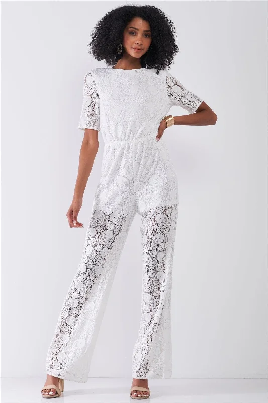 Lace Crochet Self-Tie Open Back Wide Leg Jumpsuit