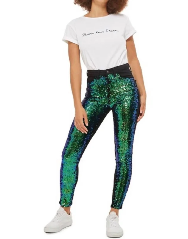 Jamie Moto Mermaid Sequin Front Skinny Jeans In Black/green