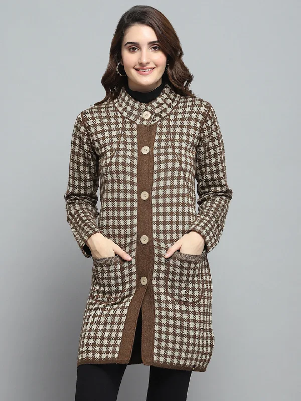 Women Brown Solid Round Neck Full Sleeve Knitted Coat