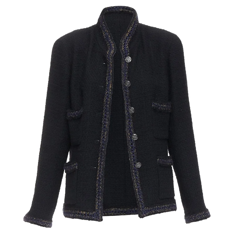 Chanel black tweed crochet trim 4 pocket jacket