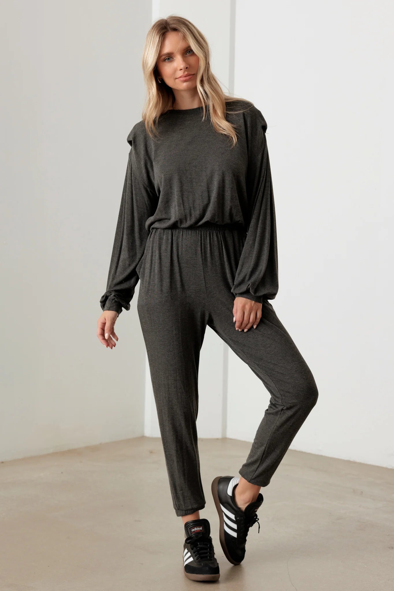 Long Sleeve Shoulder Pad  Elastic Waist Jumpsuit