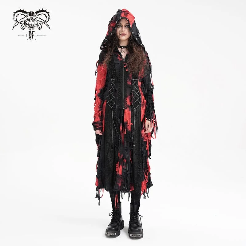 Women's Punk Ripped Chain Lace Coat Black-Red