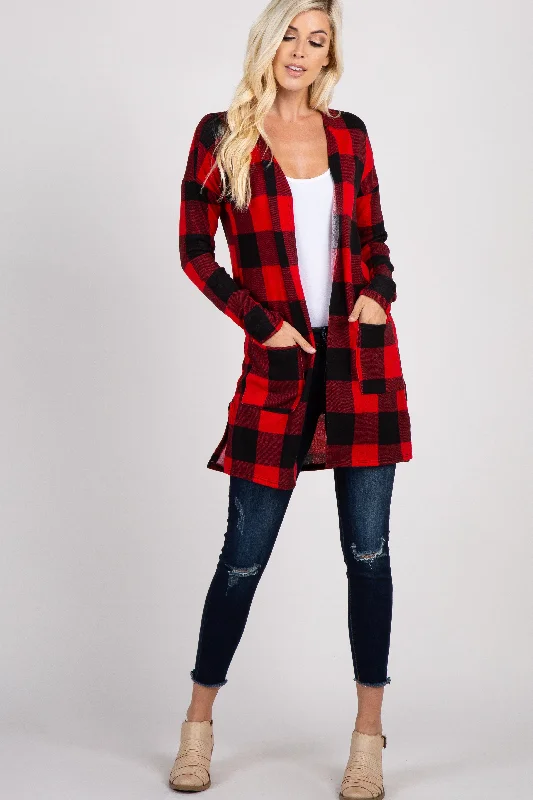 Red Plaid Long Sleeve Cardigan