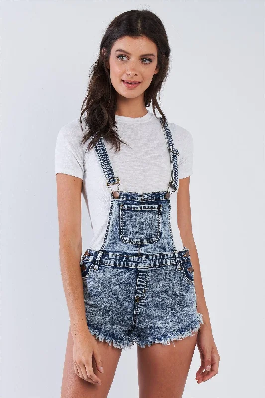 Denim Acid Washed 100% Cotton Fringed Short Overall