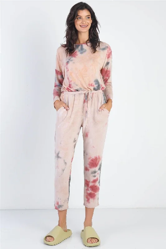 Burgundy Tie-Dye Round Neck Long Sleeve Jumpsuit