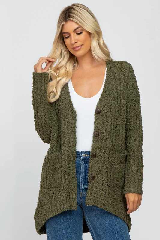 Olive Popcorn Knit Hi-Low Cardigan