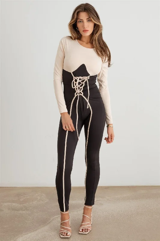 Contrast Stitch Lace-Up Long Sleeve Jumpsuit /3-2-1