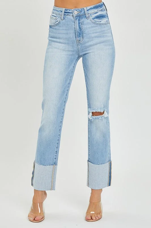 Light Denim High Rise Wide Cuffed Straight Jeans - Size 9 - Final Sale