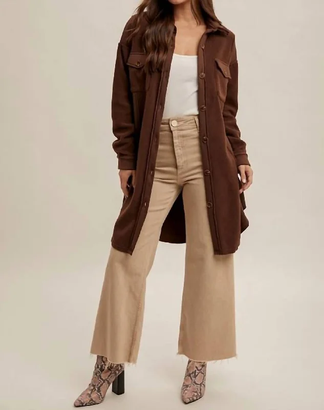 Fleece Button Down Long Jacket In Cocoa