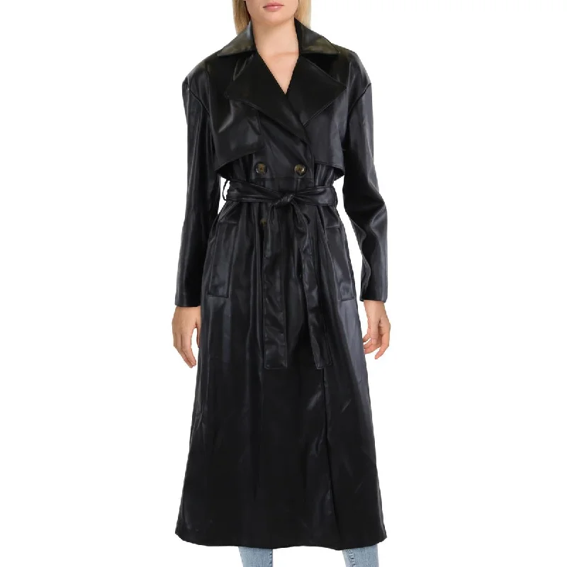 Womens Faux Leather Long Trench Coat