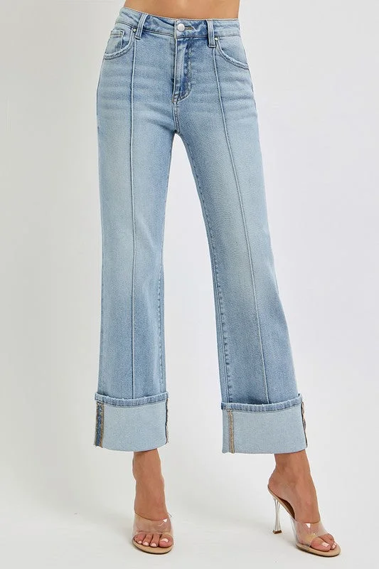 Light Denim High Rise Straight Leg Wide Cuffed Jeans