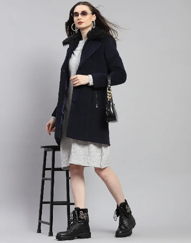 Women Navy Blue Self Design Lapel Collar Full Sleeve Coat