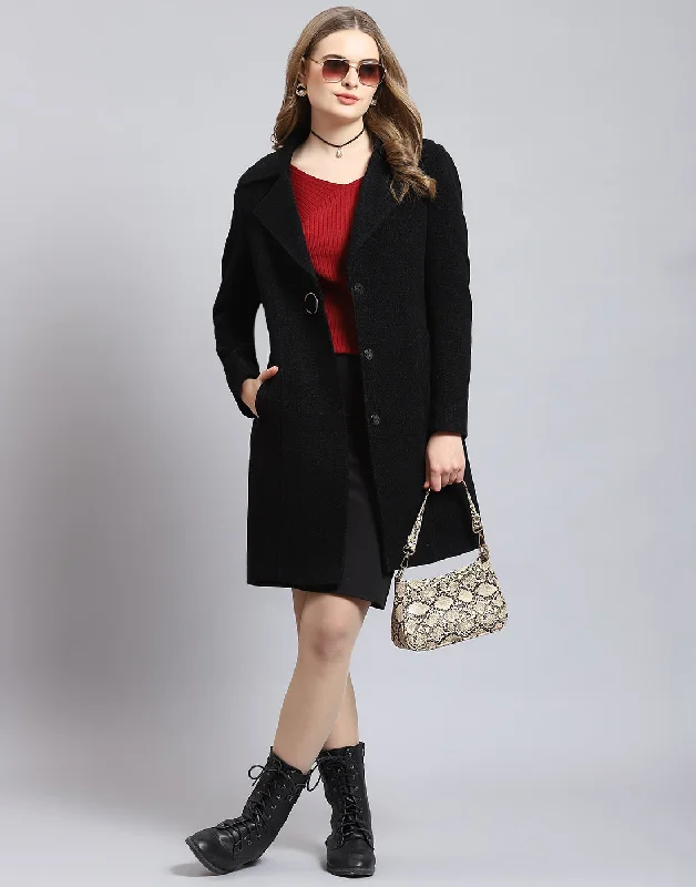 Women Black Solid Lapel Collar Full Sleeve Coat