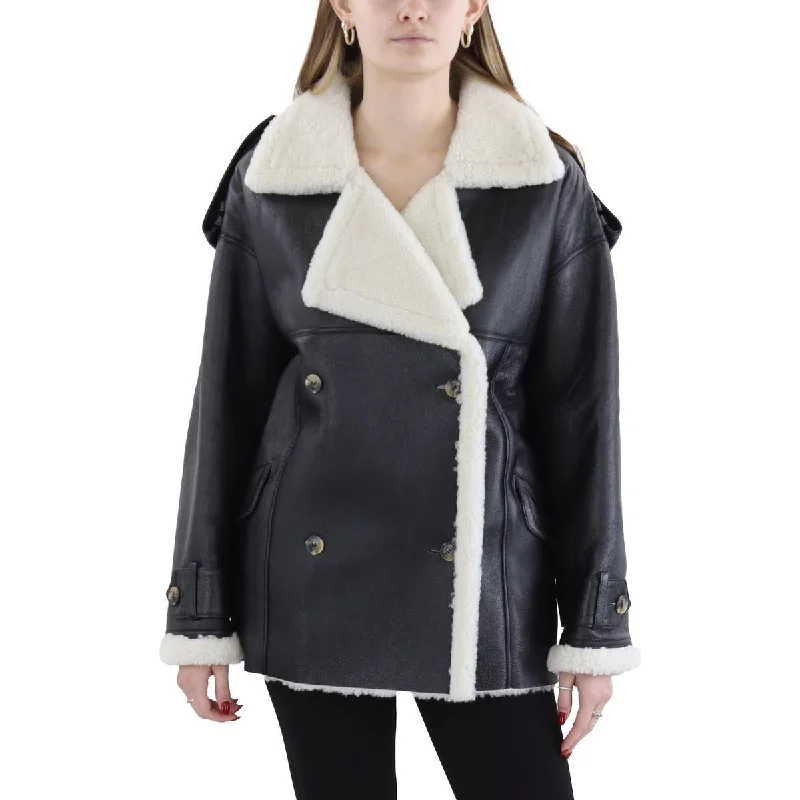 Jordan Womens Shearling Lined Double-Breasted Leather Jacket