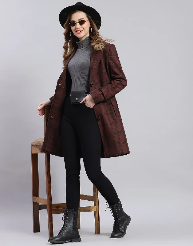 Women Maroon Check Lapel Collar Full Sleeve Coat