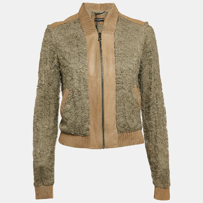 Dolce & Gabbana Green Leather Trim Lace Bomber Jacket