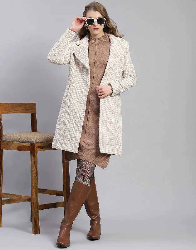 Women Beige Self Design Lapel Collar Full Sleeve Coat