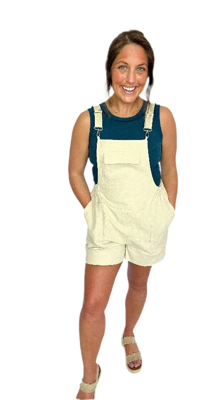 Beige Suspender Solid Woven Overall Romper