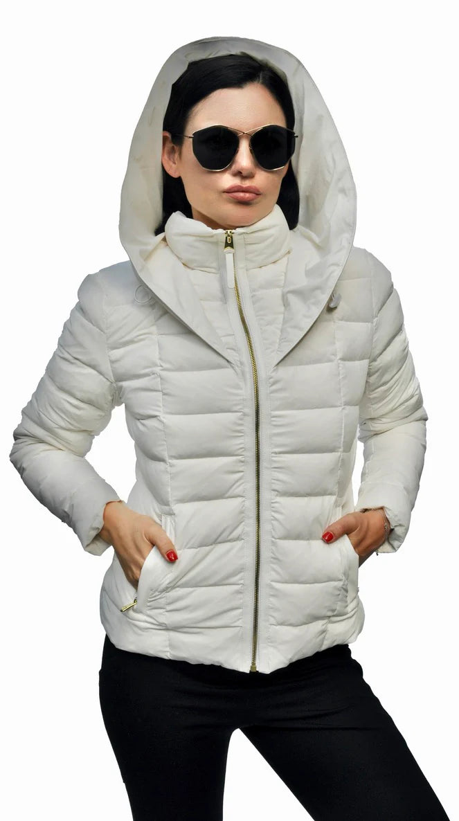 Jacket Down Puffer With Hood Zipper Front Antique White Tania Women's