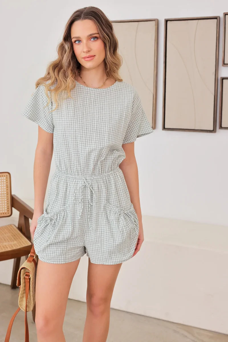 Short Sleeve Drawstring Waist Checker Romper