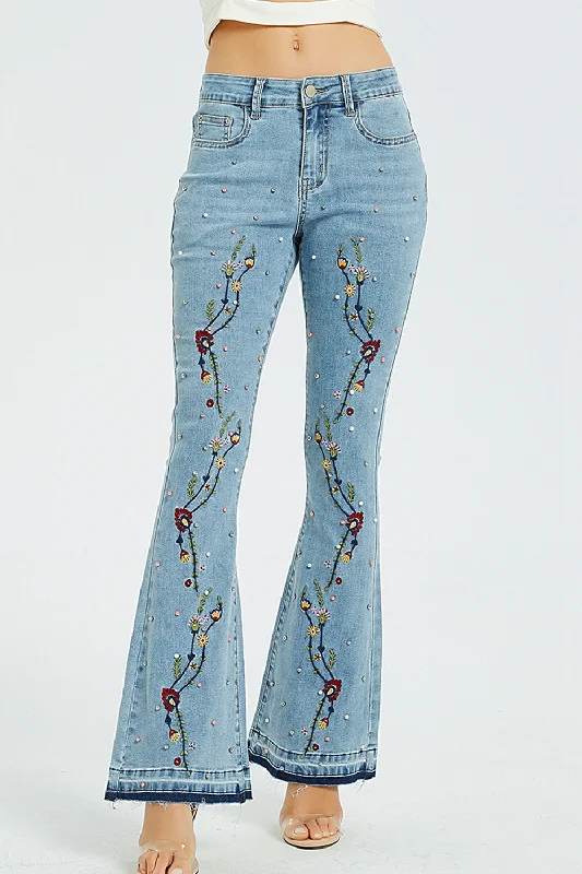 Full Size Flower Embroidery Wide Leg Jeans