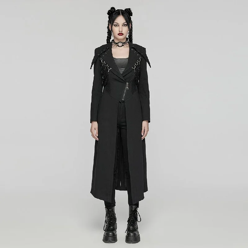 Women's Punk Turn Down Collar Metal Chains Long Coat