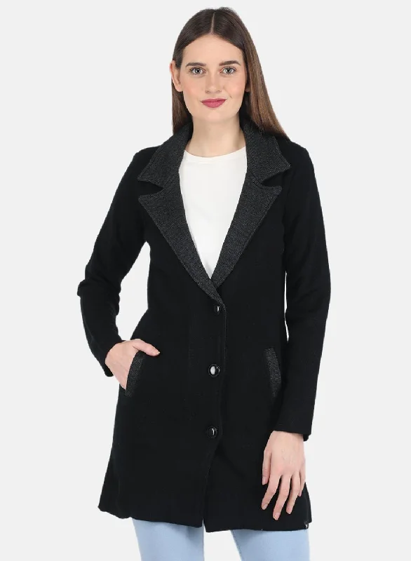 Women Black Self design Coat